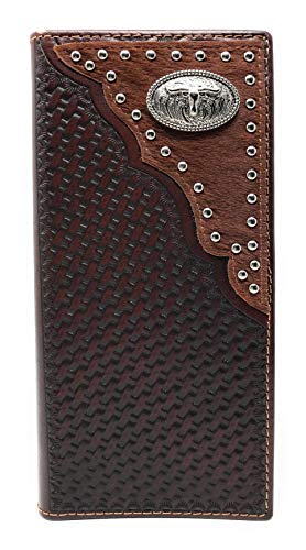 Western Genuine Leather Cowhide Cow fur Basketweave Longhorn Men's Long Bifold Wallet in 3 colors