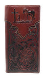 Western Genuine Leather Praying Cowboy Tooled Laser Cut Men's Long Bifold Wallet in 10 colors