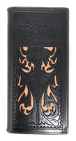 Western Men's Laser Cut Genuine Leather Praying Cowboy Long Bifold Wallet