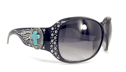Texas West Women's Sunglasses With Bling Rhinestone UV 400 PC Lens in Multi Concho (Agate Crosss Wing Black)