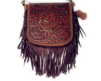 Western Genuine Leather Floral Tooled Fringe Womens Crossbody Bag 3 Color