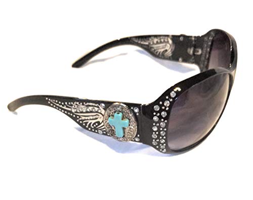Faux Turquoise Blue Cross Wings Sunglasses Bling Rhinestone Concho Shades Jp (Black Silver Tone Concho)