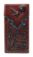 Western Genuine Leather Rooster Tooled Laser Cut Men's Long Bifold Wallet in 4 colors