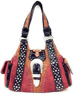 Premium Western Rhinestone Suede Leather Womens Handbag Purse With Cross In Multi Colors