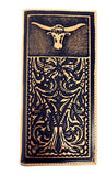 Genuine Leather Basketweave Floral Tooled Longhorn Mens Long Bifold Wallet 2 colors (Coffee)