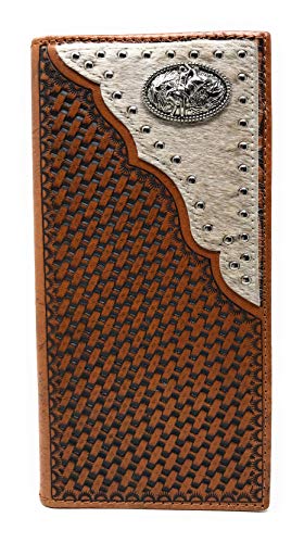 Western Genuine Leather Cowhide Cow fur Basketweave Rodeo Men's Long Bifold Wallet in 3 colors (Brown)