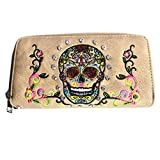 Texas West Women's Embroidered Sugar Skull Wallet Purse Clutch Wallet in 7 colors