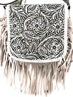 Western Genuine Leather Floral Tooled Fringe Womens Crossbody Bag 3 Color