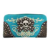 Texas West Rhinestone Embroidered Metal Skull Leather Womens Concealed Carry Handbag With Matching Wallet 6 colors