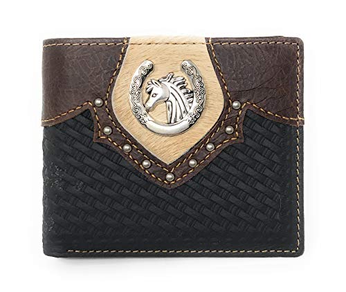 Western Genuine Leather Cowhide Cow Fur Horse Basketweave Mens Bifold Short Wallet in 2 colors