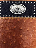 Western Men Brown Genuine Leather Ostrich CowFur Metal Emblem Tooled Long Wallet