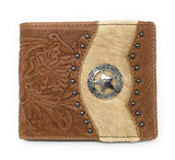 Western Genuine Tooled Leather Cowhide Cow Fur Star Mens Bifold Short Wallet in 2 colors