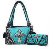 Premium Rhinestone Cross Cut Out Western Embroidered Womens Concealed Carry Handbag With Matching Wallet in 5 colors