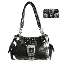 Rhinestone Buckle Zebra Pattern Purse with Matching Wallet Black Set (Black)