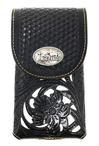 Texas West Western Cowboy Tooled Floral Leather Praying Cowboy Concho Belt Loop Extra Large Cellphone Holster Case