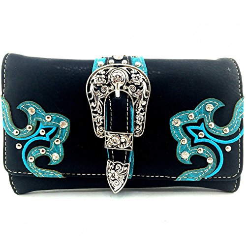 Western Flora Tooled Leather Women's Metal Buckle Wallet in 7 colors (Black)