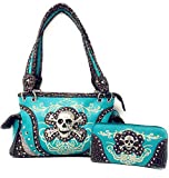 Texas West Rhinestone Embroidered Metal Skull Leather Womens Concealed Carry Handbag With Matching Wallet 6 colors