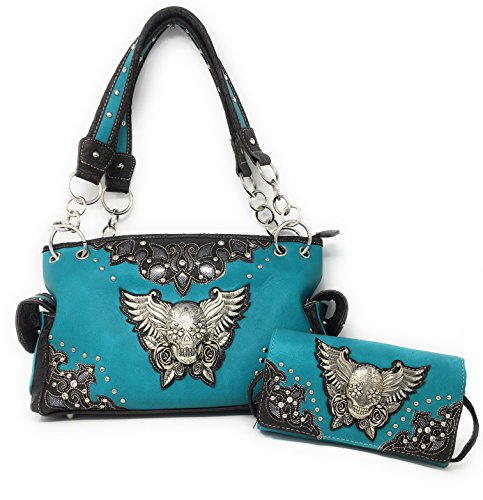 Concealed Carry Women's Metal Skull With Wings Handbag Purse Matching Wallet in 3 colors