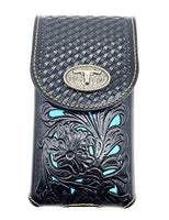 Western Genuine Leather Tooled Floral Longhorn Concho Belt Loop Cellphone Holster Case (Black/Turquoise)