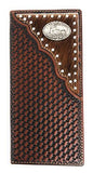 Western Men's Basketweave Genuine Leather Praying Cowboy Long Cowhide Stud Bifold Wallet