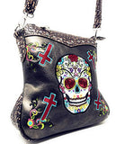 Western Sugar Skull Embroidery Rhinestone Cross Conceal Carry Crossbody Bag Set