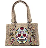 Western Sugar Skull Womens Embroidery Cross Rhinestone Concealed Carry Handbag in 5 colors