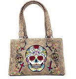 Western Sugar Skull Womens Embroidery Cross Rhinestone Concealed Carry Handbag in 5 colors