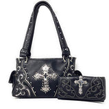 Premium Rhinestone Cross Cut Out Western Embroidered Womens Concealed Carry Handbag With Matching Wallet in 5 colors