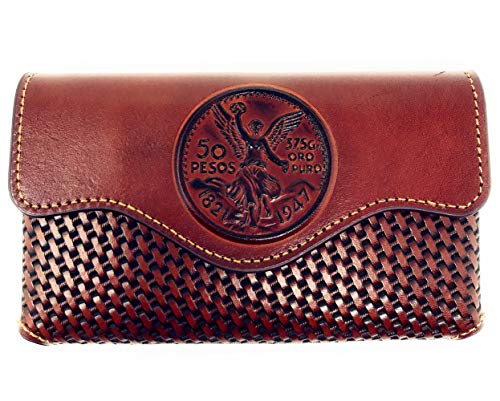 Texas West Western Cowboy Horizontal Basketweave Leather Mexican 50 Pesos Cellphone Belt Holster Case