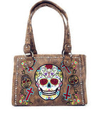 Western Sugar Skull Womens Embroidery Cross Rhinestone Concealed Carry Handbag in 5 colors