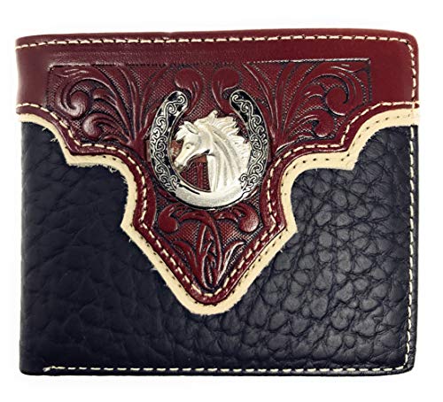 Western Genuine Leather Floral Tooled Horse Concho Mens Short Bifold Wallet in 2 colors