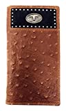 Western Men Brown Genuine Leather Ostrich CowFur Metal Emblem Tooled Long Wallet