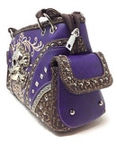 Rhinestone Skull Metal Color Leather Women's Handbag, Wallet with Texas West Coin Collection in 4 Colors (Purple) (Purple)