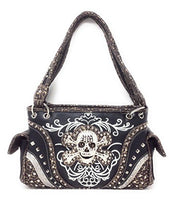 Texas West Rhinestone Embroidered Metal Skull Leather Womens Concealed Carry Handbag With Matching Wallet 6 colors (Black)
