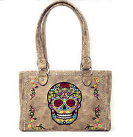 Western Sugar Skull Rhinestone Flora Embroider Concealed Carry Purse/Multi Color