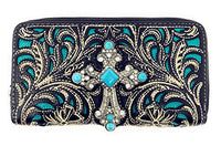 Western Laser Cut Floral Agate Cross Double Zipper Womens Wallet/Crossbody Bag