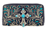 Western Laser Cut Floral Agate Cross Double Zipper Womens Wallet/Crossbody Bag