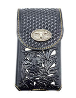 Western Genuine Leather Tooled Floral Longhorn Concho Belt Loop Cellphone Holster Case (Black/Turquoise)