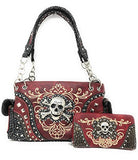 Texas West Rhinestone Embroidered Metal Skull Leather Womens Concealed Carry Handbag With Matching Wallet 6 colors