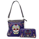 Western Sugar Skull Embroidery Rhinestone Cross Conceal Carry Crossbody Bag Set