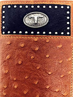 Western Men Brown Genuine Leather Ostrich CowFur Metal Emblem Tooled Long Wallet