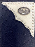 Western Mens Ostrich Genuine Leather Longhorn Long Cowhide Stud Bifold Wallet