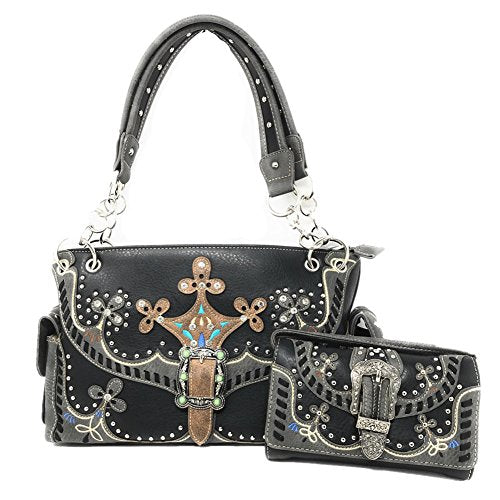 Texas West Premium Western Handbag Buckle Embroidery Concealed Carry Purse with Matching Wallet One Set in 7 Colors (Pearl Black)