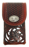 Texas West Western Cowboy Tooled Floral Leather Longhorn Concho Belt Loop Extra Large Cellphone Holster Case