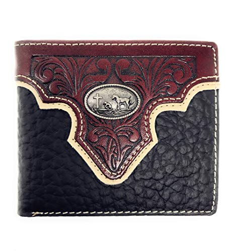 Genuine Leather Floral Tooled Praying Cowboy Concho Mens Short Bifold Wallet in 2 colors