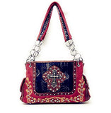 Premium Western Rhinestone Suede Leather Womens Handbag Purse With Cross In Multi Colors