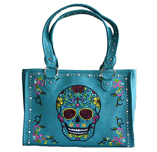 sugar skull day of the dead embroidery gun concealed carry handbag purse (GRAY)