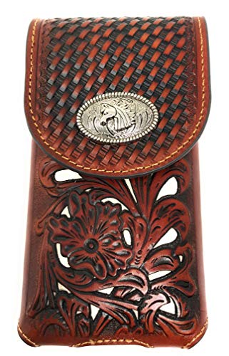 Texas West Western Cowboy Tooled Floral Leather Horse Concho Belt Loop Cellphone Holster Case in 3 Colors