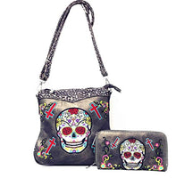 Western Sugar Skull Embroidery Rhinestone Cross Conceal Carry Crossbody Bag Set