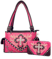 Premium Rhinestone Cross Western Embroidered Concealed Carry Handbag/Matching Wallet in 4 colors